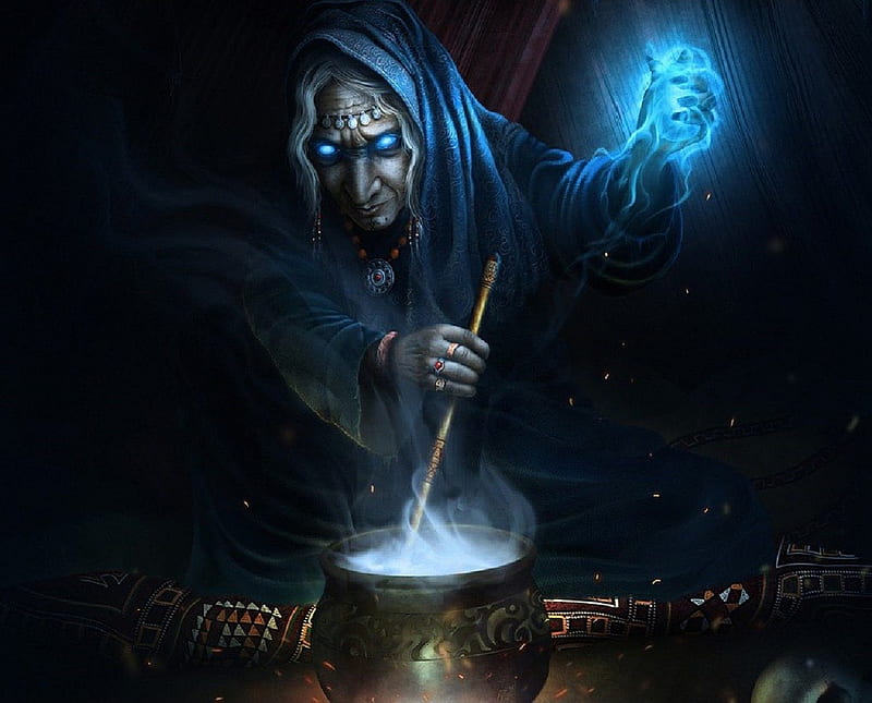 Old Witch, Potion, Rings, Blue, Witch, Cauldron, HD wallpaper