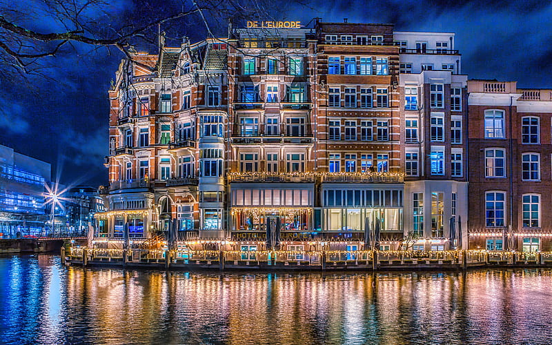 Amsterdam, R, water channel, night city, Netherlands, Europe, nightscapes, HD wallpaper