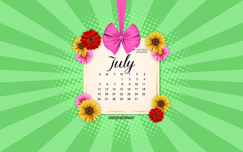 2020 July Calendar, green background, summer 2020 calendars, July, 2020 calendars, summer flowers, retro style, July 2020 Calendar, calendar with flowers, HD wallpaper