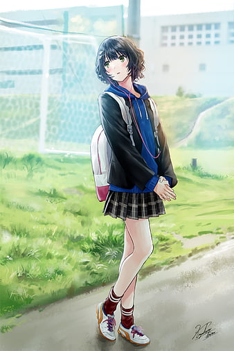 Anime, anime girls, sky, clouds, short hair, dark hair, school uniform ...