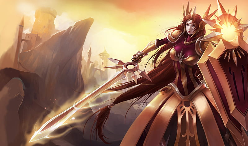Leona, girl, weapon, long hair, daytime, sword, league of legends, HD wallpaper