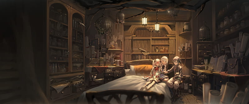 anime friends, room, books, twintails, resting, healing, magic spell, Anime, HD wallpaper