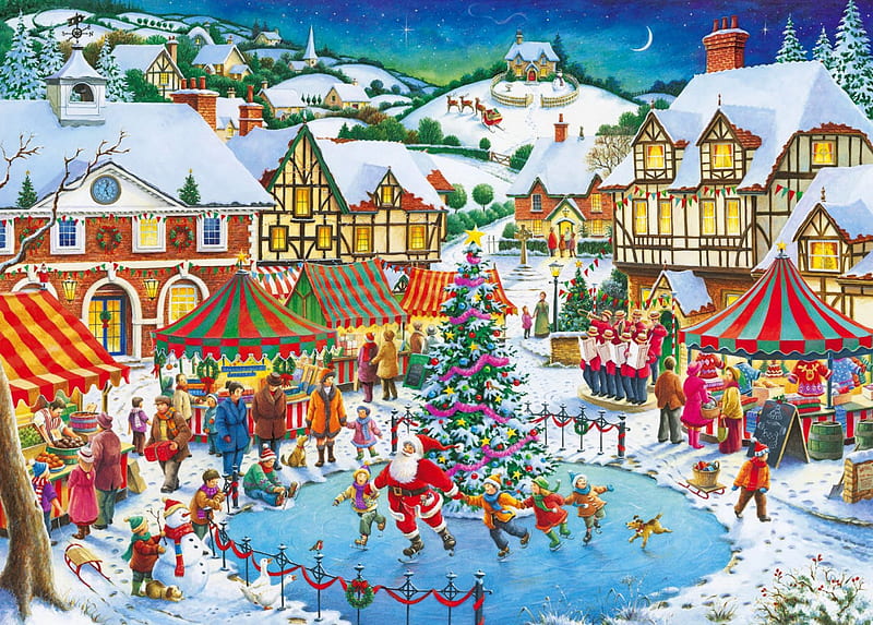 Joy of Christmas, art, christmas, holiday, houses, children, bonito, fun, joy, winter, pond, tree, snow, painting, peaceful, village, HD wallpaper