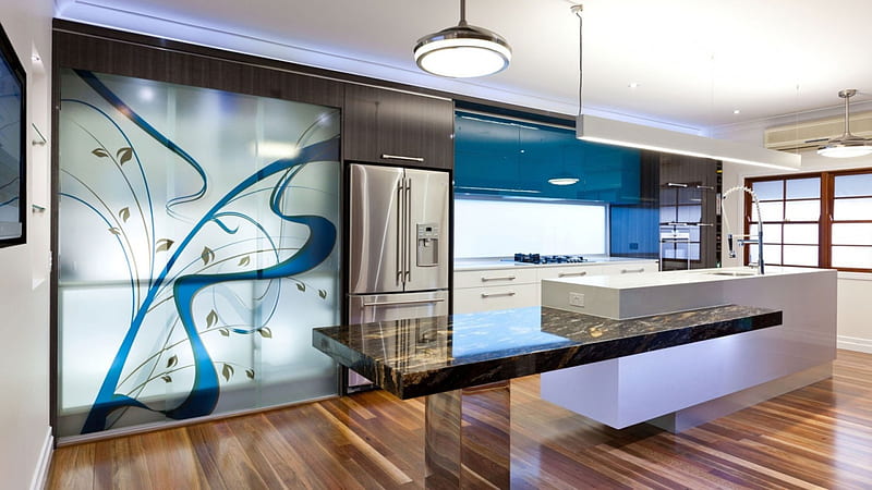 Kitchen design, sink, kitchen cabinets, lamps, desenho, reflection, fridge, kitchen, HD wallpaper