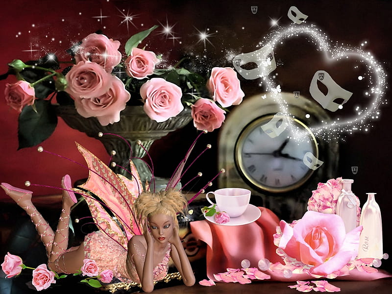 Pink Roses, teatime, rose, pink, fairy, HD wallpaper