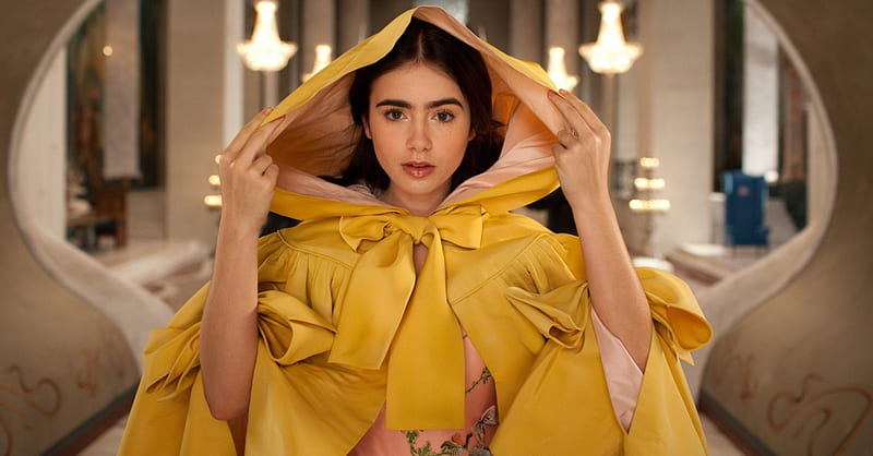 Lily Collins as Snow White, dress, movie, snow white, mirror mirror, yellow, woman, girl, actress, lily collins, beauty, princess, pink, HD wallpaper