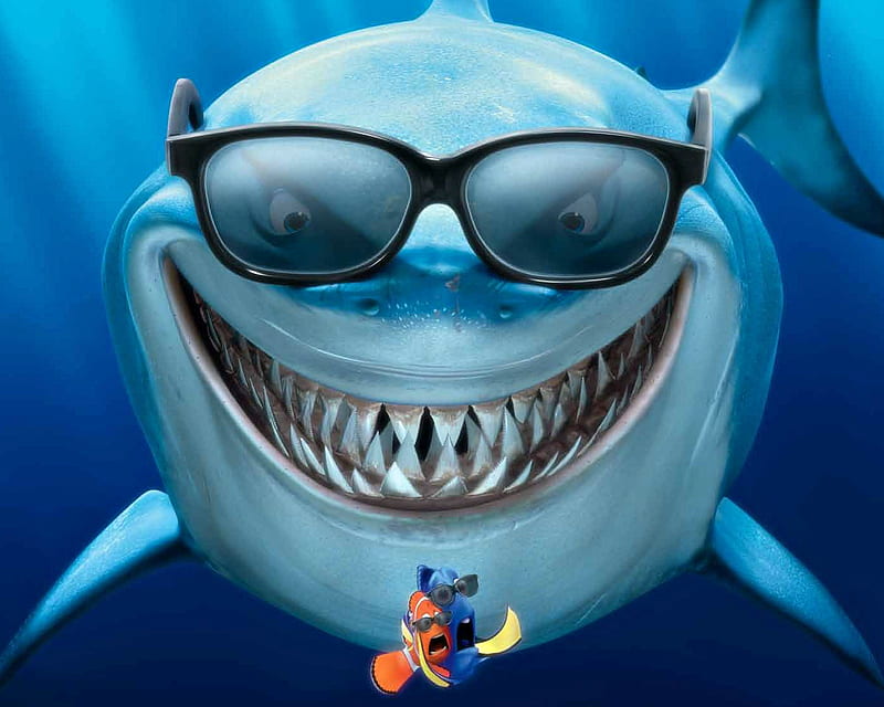 Finding Nemo (20013), finding nemo, movie, fish, sunglasses, shark, water, animation, pixar, disney, blue, HD wallpaper