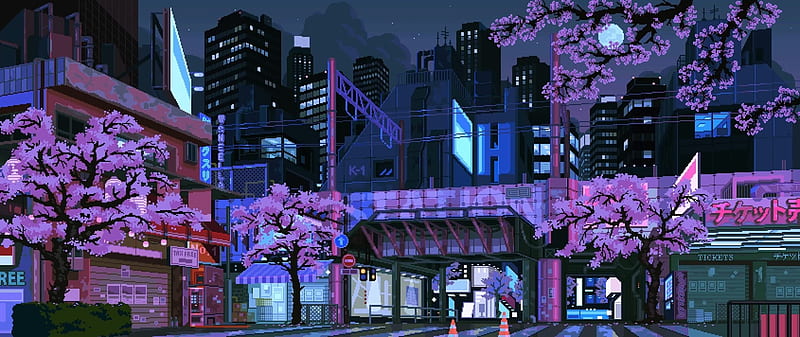 sakura blossom, pixel art, skyscrapers, town, Games, HD wallpaper