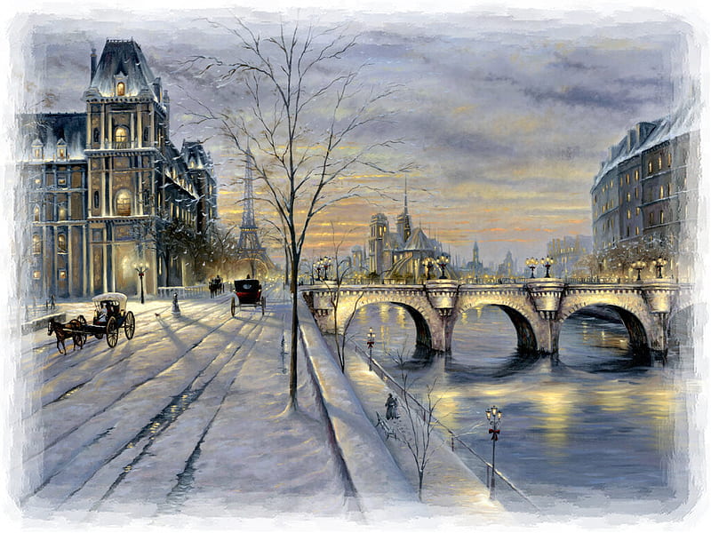 Winter in Paris F5, art, finale, artwork, winter, robert finale, snow, bridge, painting, ice, river, scenery, landscape, HD wallpaper