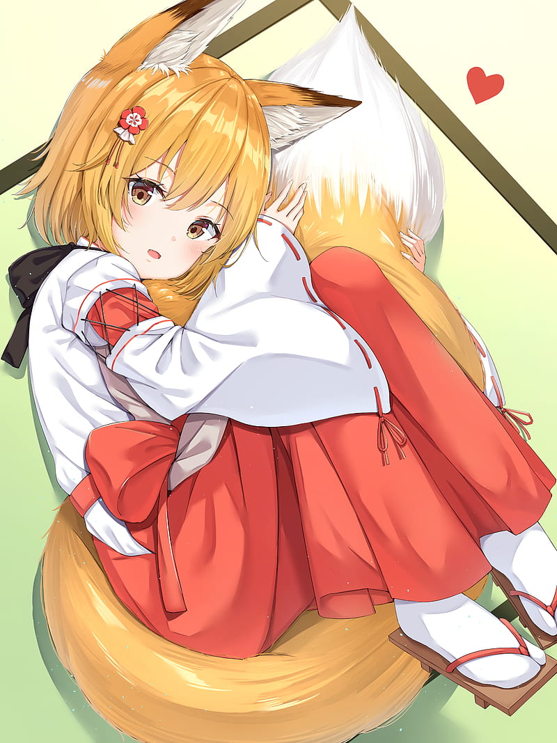 sewayaki kitsune no senko-san, miko, tail, animal eas, lying down, senko-san, Anime, HD phone wallpaper