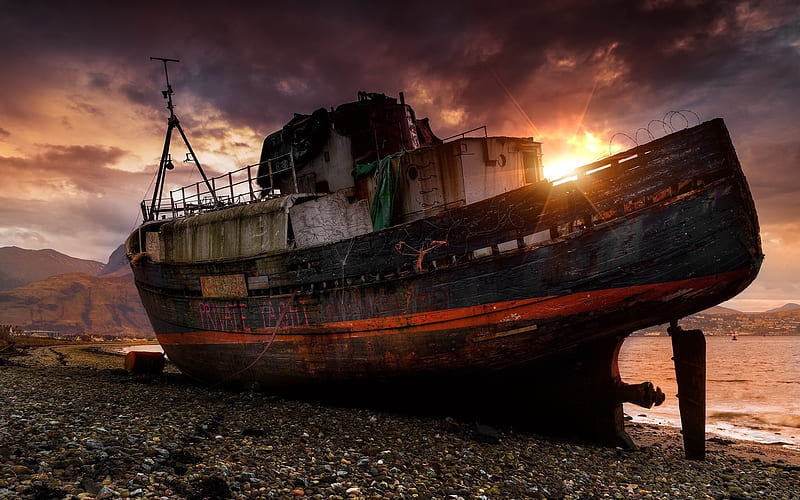 abandoned boat, coast, sea, sunset, HD wallpaper