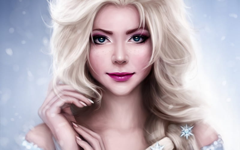 Elsa, art, blonde, woman, fantasy, girl, mochifin, snow queen, white, pink, disney, blue, HD wallpaper