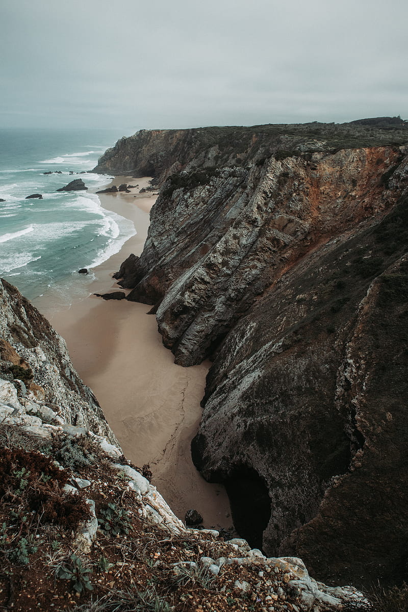 coast, cliffs, beach, sea, waves, HD phone wallpaper