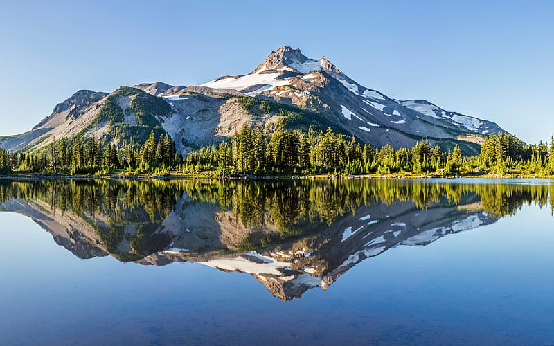 beautiful lake, mountain landscape, morning, spring, mountains, Oregon, USA, HD wallpaper