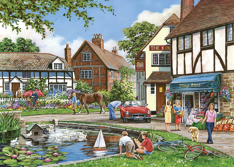 A Busy Day, pond, car, houses, people, painting, village, horse, artwork, HD wallpaper