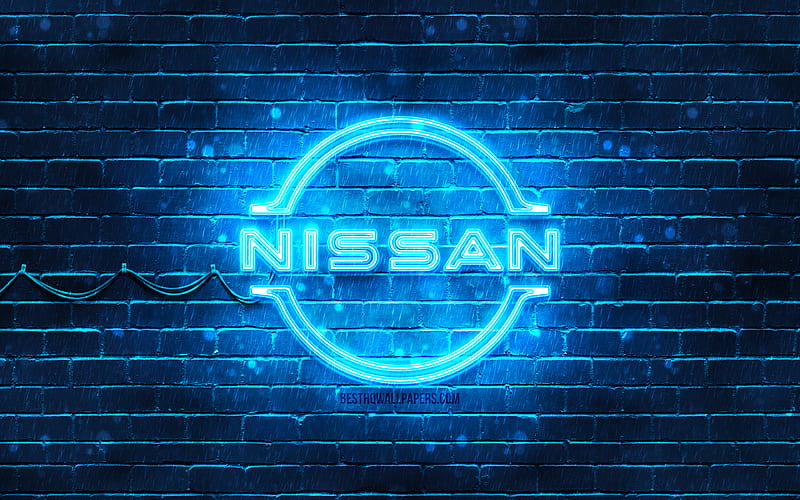 Nissan blue logo blue brickwall, Nissan logo, cars brands, Nissan neon logo, Nissan, HD wallpaper