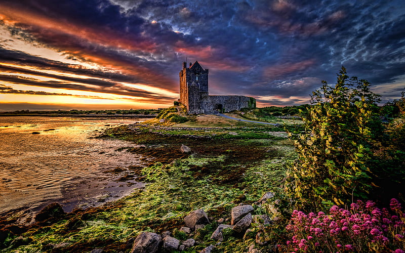 Dunguaire Castle sunset, R, Galway Bay, Ireland, Great Britain, Irish landmarks, Europe, HD wallpaper