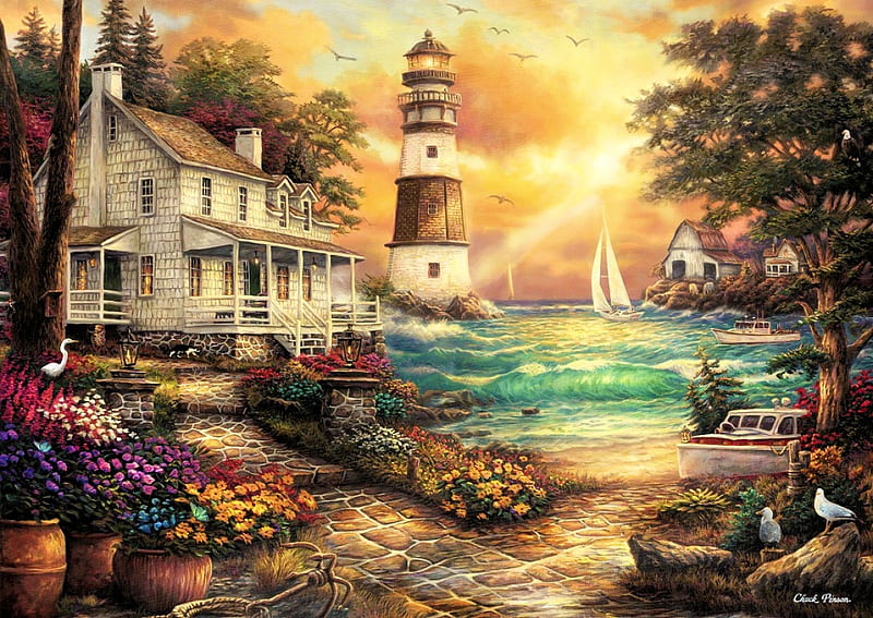 Cottage By The Sea, house, cove, sunset, sky, trees, clouds, artwork, lighthouse, boat, painting, HD wallpaper