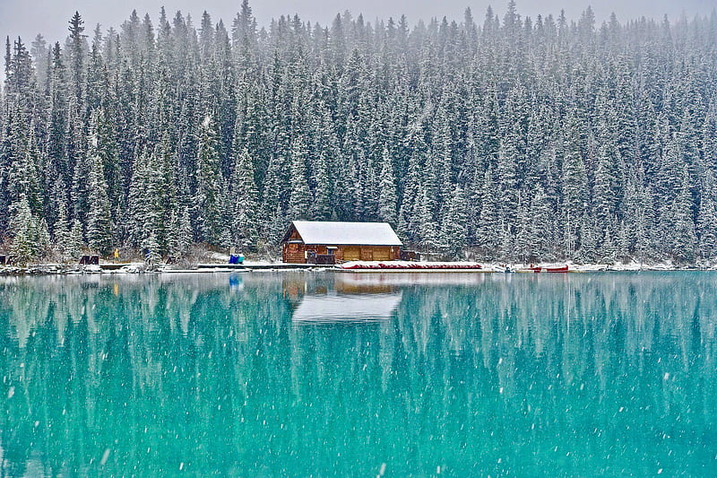 Man Made, Cabin, Forest, Lake, Reflection, Snow, Turquoise, Winter, Wooden, HD wallpaper