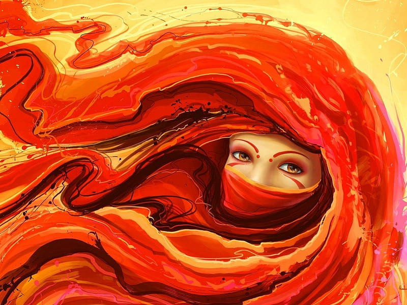Girl, red, art, veil, eye, painting, beauty, abstract, HD wallpaper