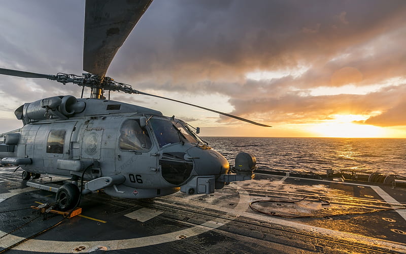 Sikorsky SH-60 Seahawk, American military helicopter, rescue helicopter, aircraft carrier deck, sunset, ocean, seascape, Sikorsky, HD wallpaper