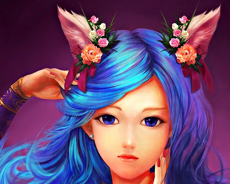 Fox girl, art, ears, game, cute, fantasy, purple, fox, flower, face, pink, ahri, blue, HD wallpaper