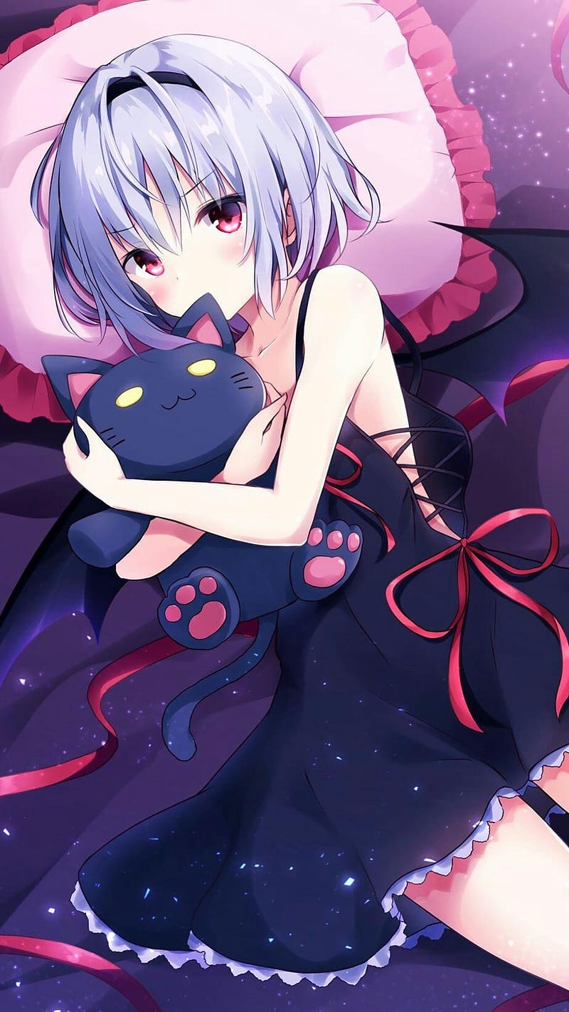 Anime Devil Girl With Cat, anime devil, girl, cat, HD phone wallpaper