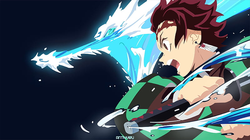 Demon Slayer Tanjirou Kamado With Black Backgorund And Blue Abstract Anime, HD wallpaper