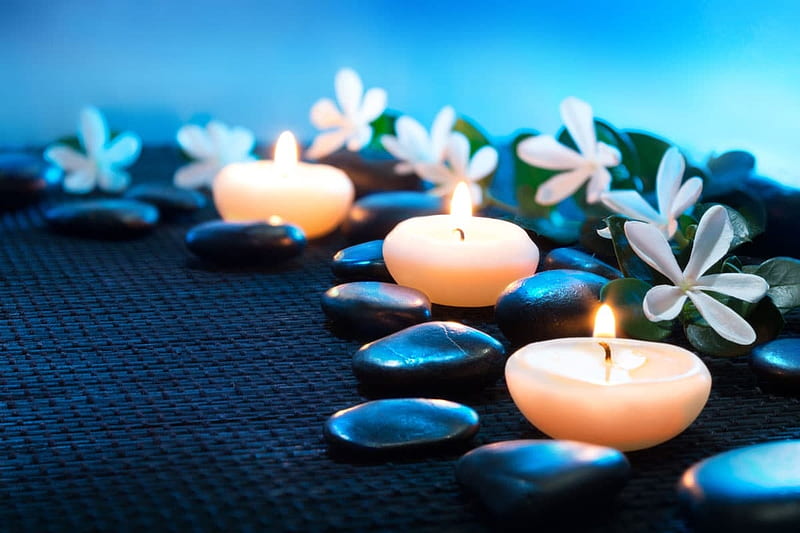 Blue Spa Candles, spa, stones, blue, candles, HD wallpaper