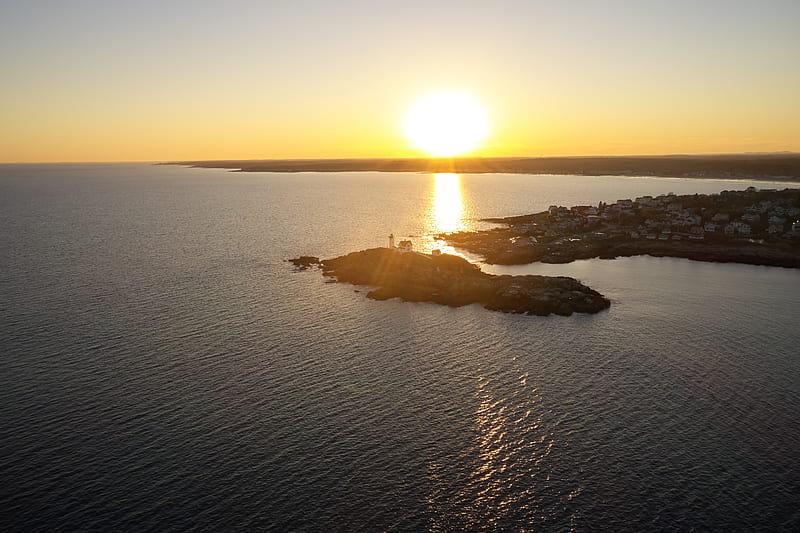 island, sunset, sea, sun, aerial view, HD wallpaper