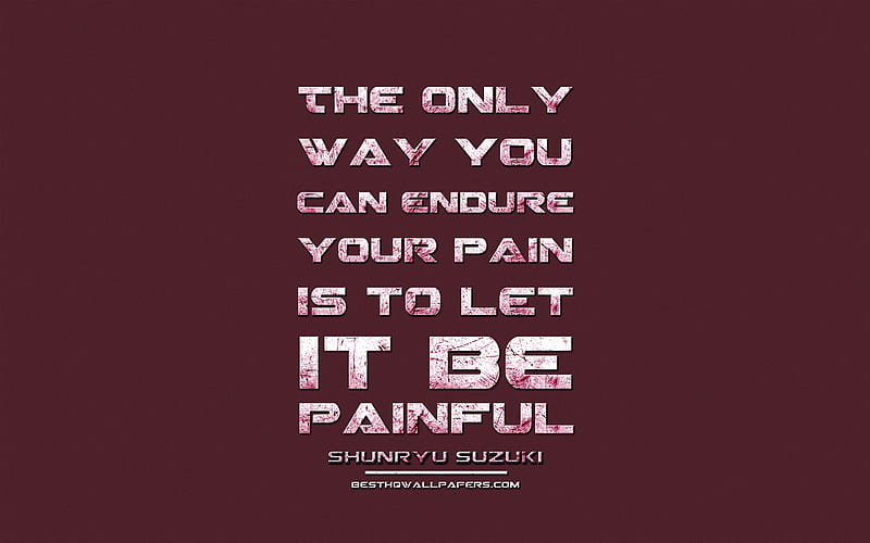 The only way you can endure your pain is to let it be painful, Shunryu Suzuki, grunge metal text, quotes about way, Shunryu Suzuki quotes, inspiration, purple fabric background, HD wallpaper