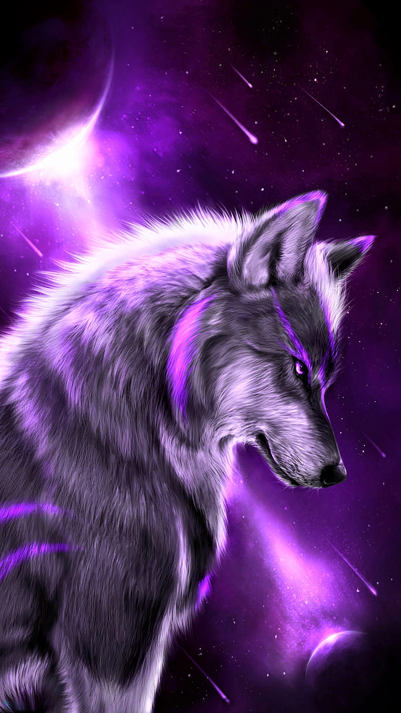 Fantasy wolf, animal, planet, purple, space, stars, HD phone wallpaper