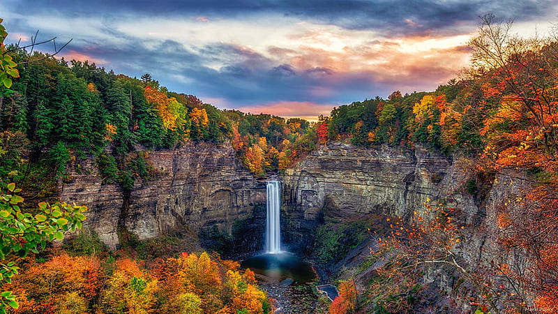 Taughannock Falls State Park in the fall at dusk., NY, clouds, landscape, trees, colors, autumn, sky, rocks, cliff, usa, HD wallpaper