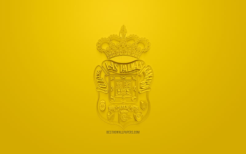 UD Las Palmas, creative 3D logo, yellow background, 3d emblem, Spanish football club, La Liga 2, Segunda, Las Palmas de Gran Canaria, Spain, 3d art, football, 3d logo, HD wallpaper