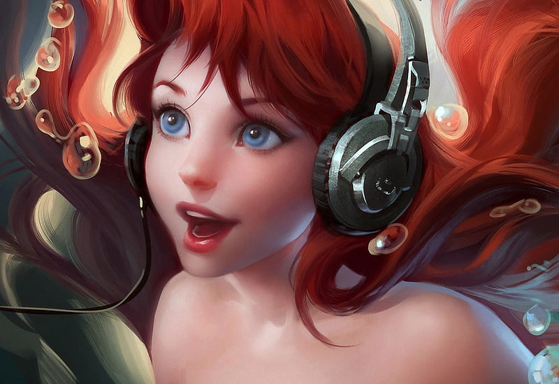 Mermaid Listening To Music, fantasy, fantasy woman, stereo headphones, music, mermaid, headphones, stereo, red hair, HD wallpaper