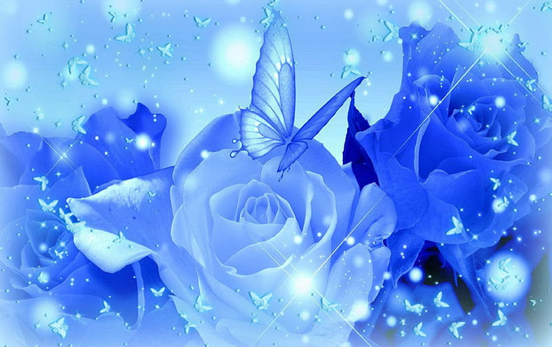 Fluttering on Blue Roses, holidays, attractions in dreams, digital art, fluttering, love, flowers, butterfly designs, vector arts, blue, sparkling, lovely, blue dreams, softness beautiful, colors, love four seasons, creative pre-made, spring, roses, happy, cool, collages, beloved valentines, HD wallpaper
