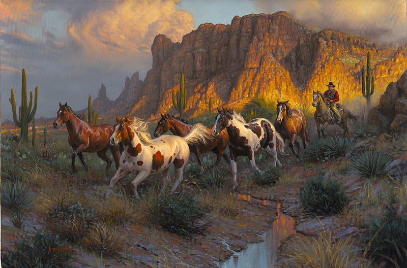 Legends of the West, art, west, mark keathely, horse, animal, legends, painting, running, cowboy, pictura, HD wallpaper