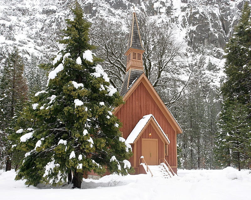 Winter Church, hills, isolated, trees, building, structure, timber, snow, spire, chapel, HD wallpaper