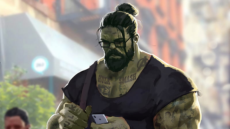 Professor Hulk Man Bun, hulk, superheroes, digital-art, artwork, artstation, HD wallpaper