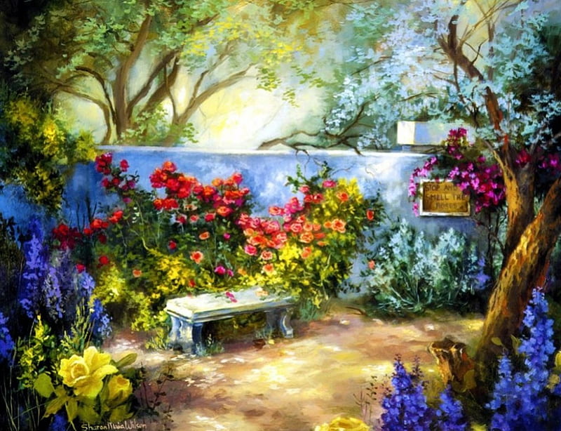 Stop and Smell the Roses, painting, bench, path, garden, sunshine, trees, artwork, HD wallpaper