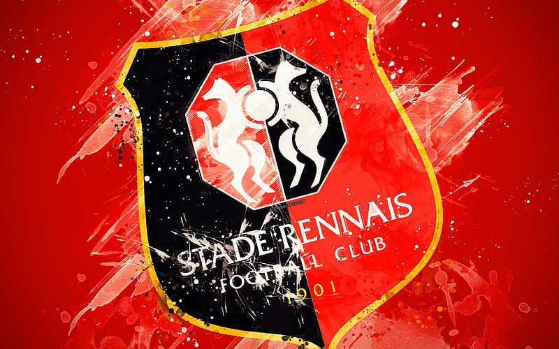 Stade Rennais FC paint art, creative, French football team, logo, Ligue 1, emblem, red background, grunge style, Rennes, France, football, HD wallpaper