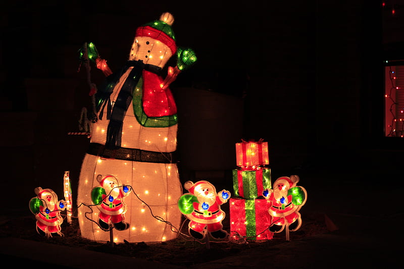 Christmas lights in the garden, christmas, snowman, decor, lights, winter, love, siempre, garden, nature, presents, HD wallpaper