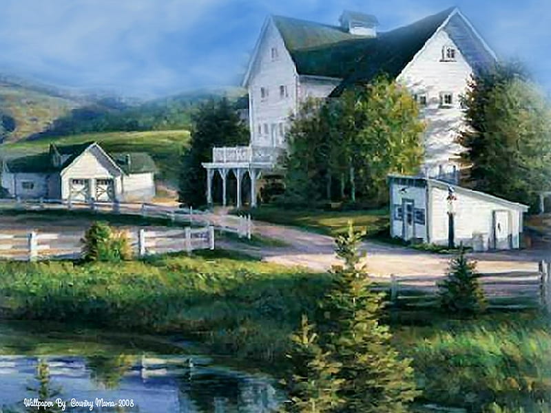 Ranch house, tree, house, lake, ranch, HD wallpaper