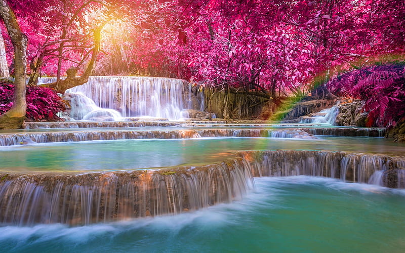 Tropical Waterfall, colors, river, cascades, trees, HD wallpaper