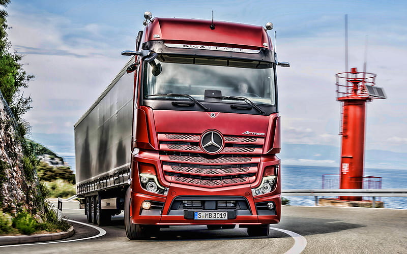 Mercedes-Benz Actros, road, R, 2019 truck, LKW, red truck, semi-trailer truck, 2019 Mercedes-Benz Actros, trucks, Mercedes, HD wallpaper
