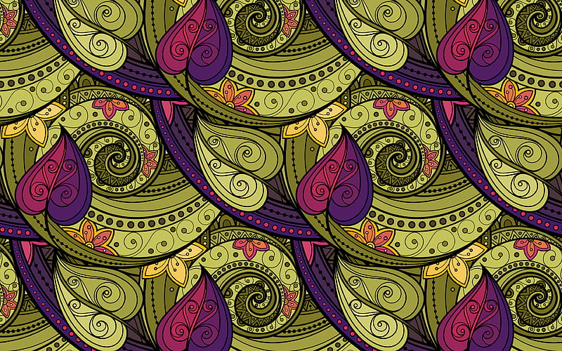 green paisley background, artwork, paisley patterns, floral patterns, background with flowers, retro paisley patterns, retro floral background, HD wallpaper