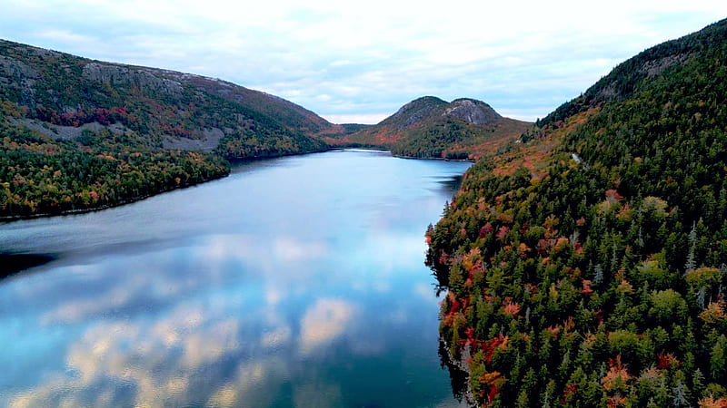 Jordan Pond - Acadia NP, Maine, sky, water, forest, reflections, hills, fall, colors, leaves, trees, clouds, autumn, HD wallpaper