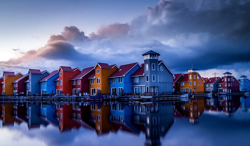 Reflection, House, Colorful, Netherlands, Town, Groningen, , Canal, Towns, HD wallpaper
