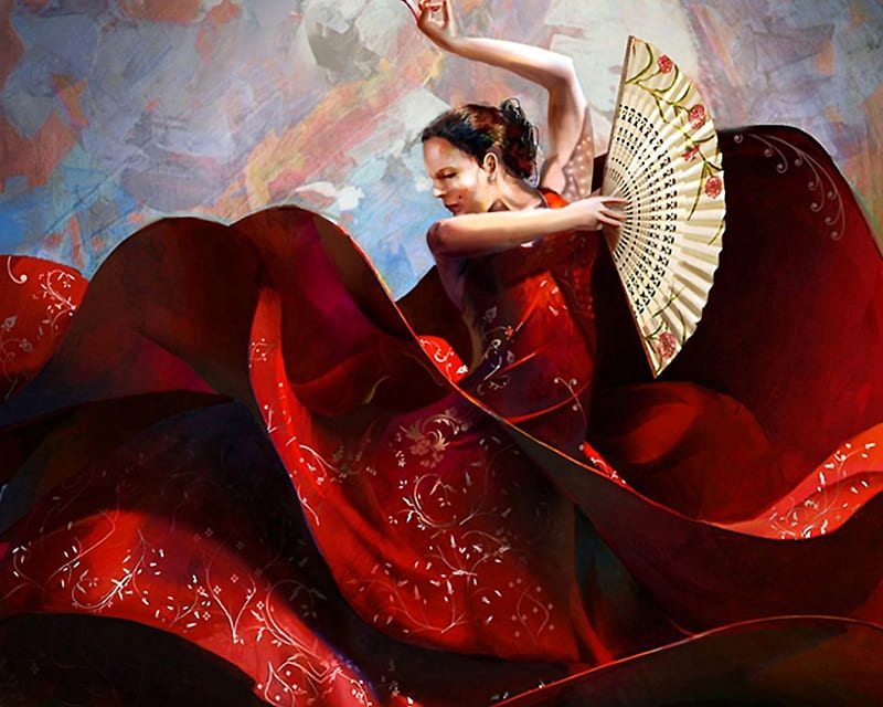 Flamenco, red, exotic, dance, fan, woman, HD wallpaper