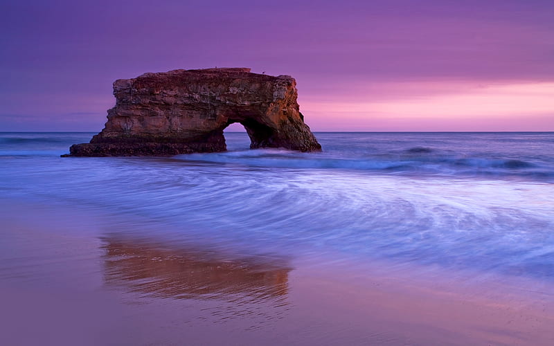 Perfect Day, lilac, rock, hole, ocean, surf, bonito, waves, sea, beach, sand, purple, door way, pink, HD wallpaper